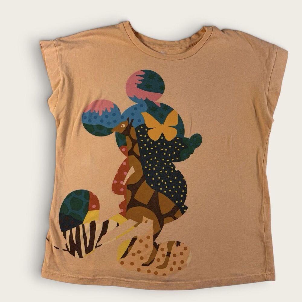 Disney Parks Women's Animal Kingdom Patchwork Mickey T-Shirt Peach L